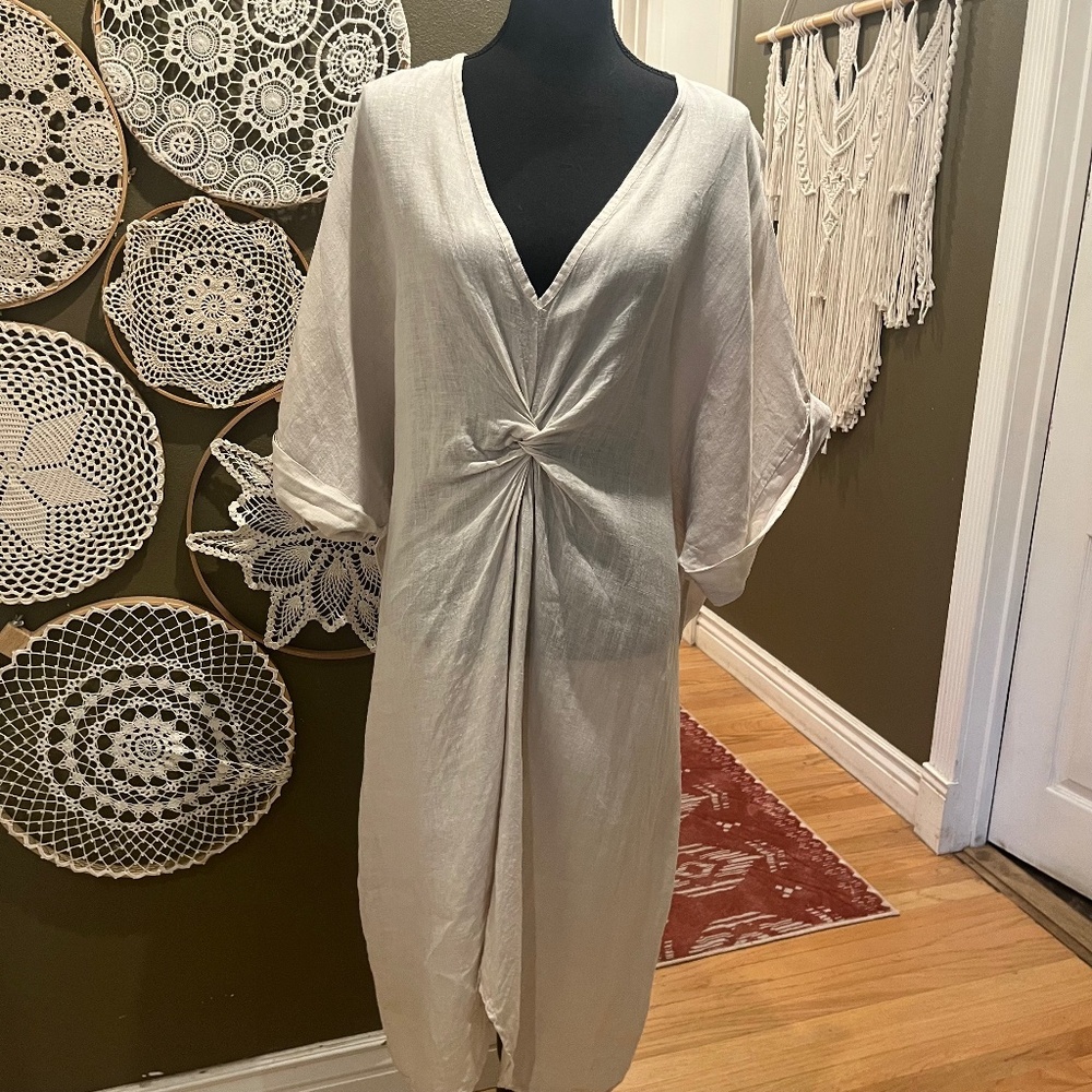 Made in Italy 100% Linen Twist-Front Midi Dress – One Size (TG.U)
